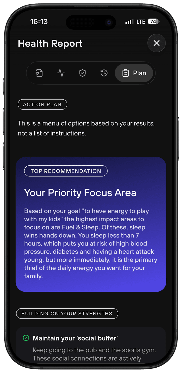 Unbound Health Report showing your personalised action plan